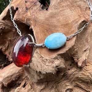 925 Italian Silver Paper Clip chain Necklace with Amber and Larimar stones.